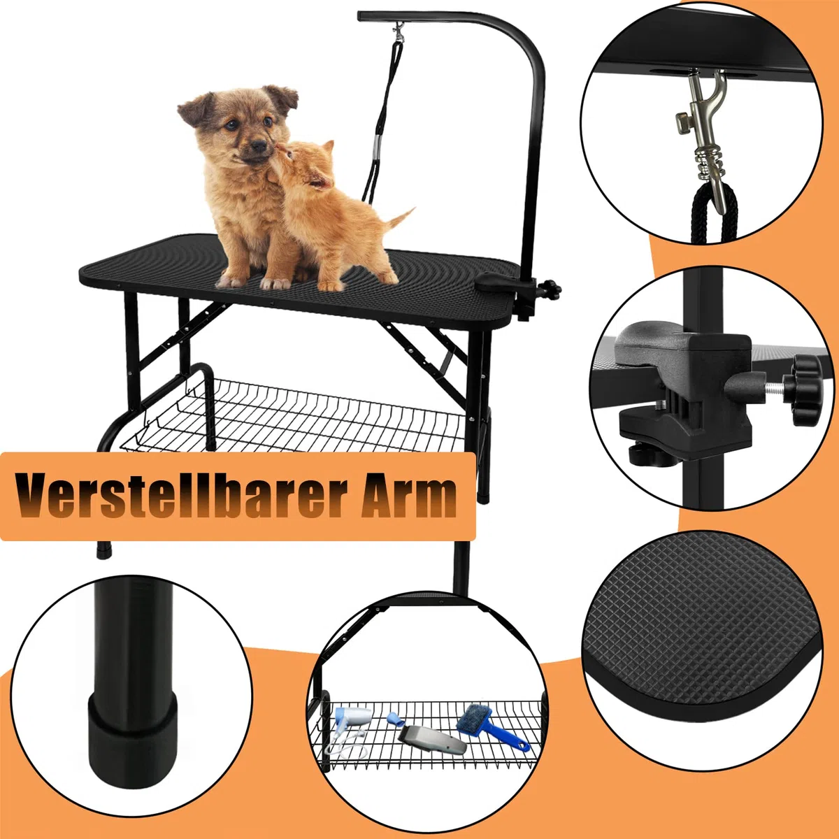 HENGMEI Mesa de Recorte Para Perros, Mesa de Peluquería Canina para Mascotas, Mesa de Recorte Con Brazo de Altura Ajustable, 2 Lazo y Superficie de Goma Resistente a Los Arañazos, 113x60x76cm