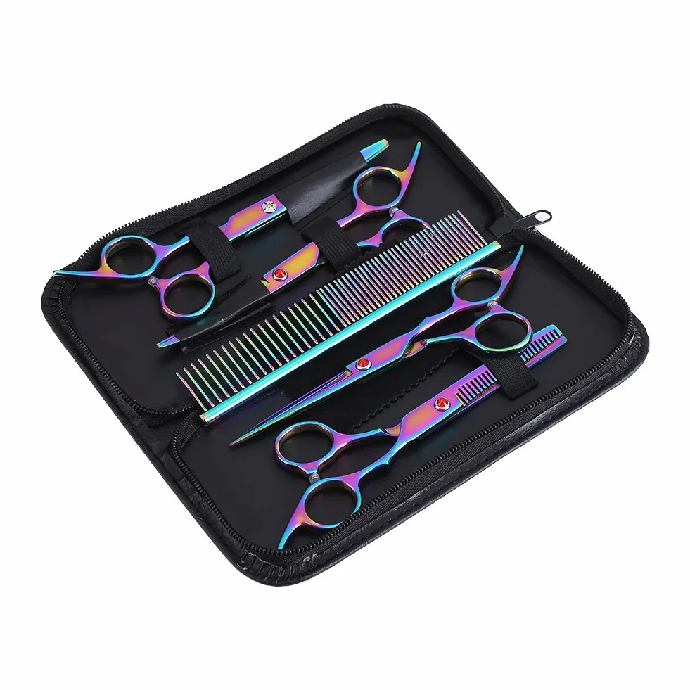 Kit Profesional de 6 Piezas para Peluquería Canina, Tijeras de Acero Inoxidable, Color Iris, para Mascotas y Gatos, Uso en Casa