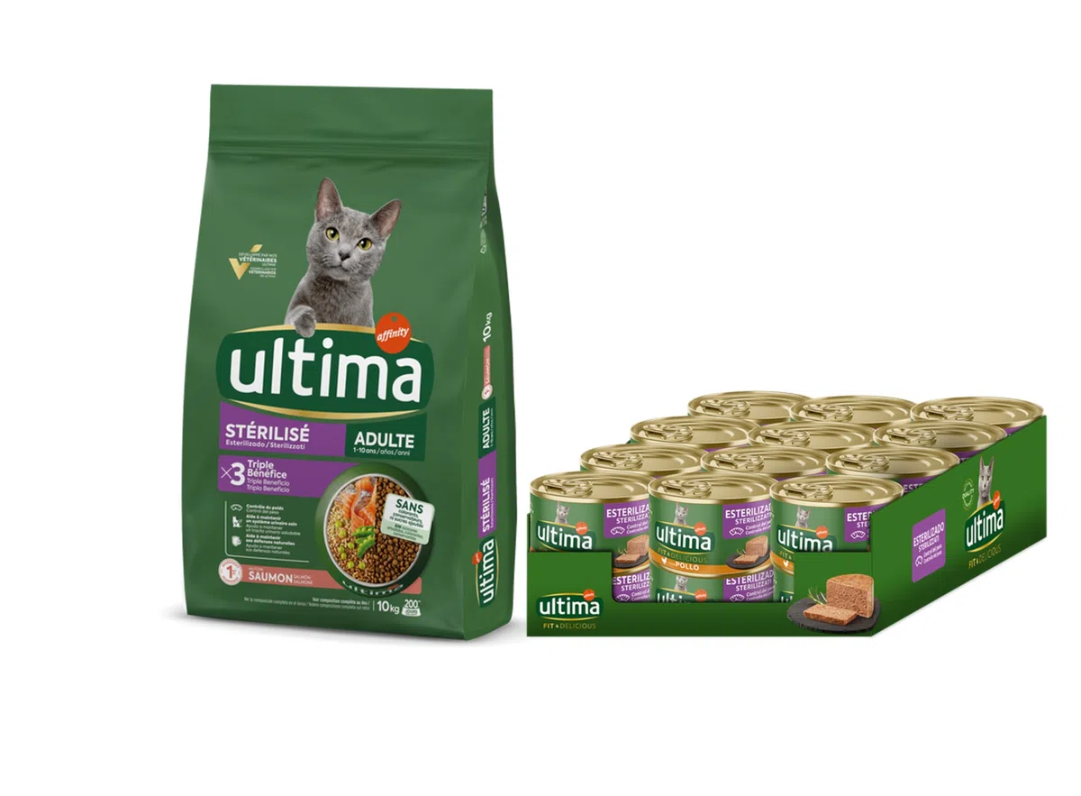 Ultima Esterilizado Adult Salmón - Comida Seca para Gatos - 10kg + Ultima Fit & Delicious Comida Húmeda para Gatos - Mousse con Pollo: 24 latas de 85g