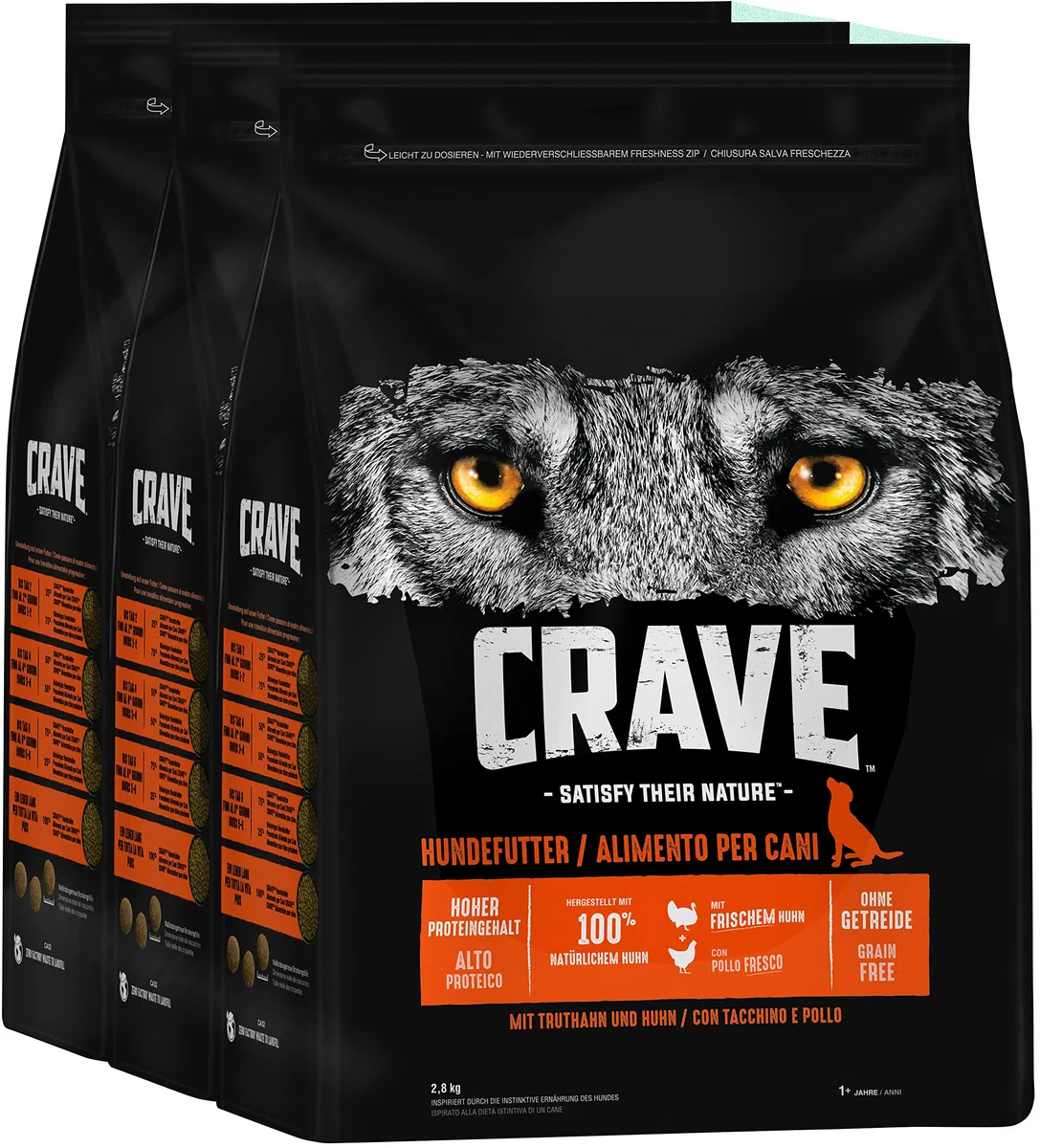 Crave Alimento seco para Adultos con Pavo y Pollo, 3 Bolsas de 3 x 2,8 kg, Comida para Perros Seca con Alto Contenido de proteínas y sin Cereales, Fabricada con Pollo 100% Natural