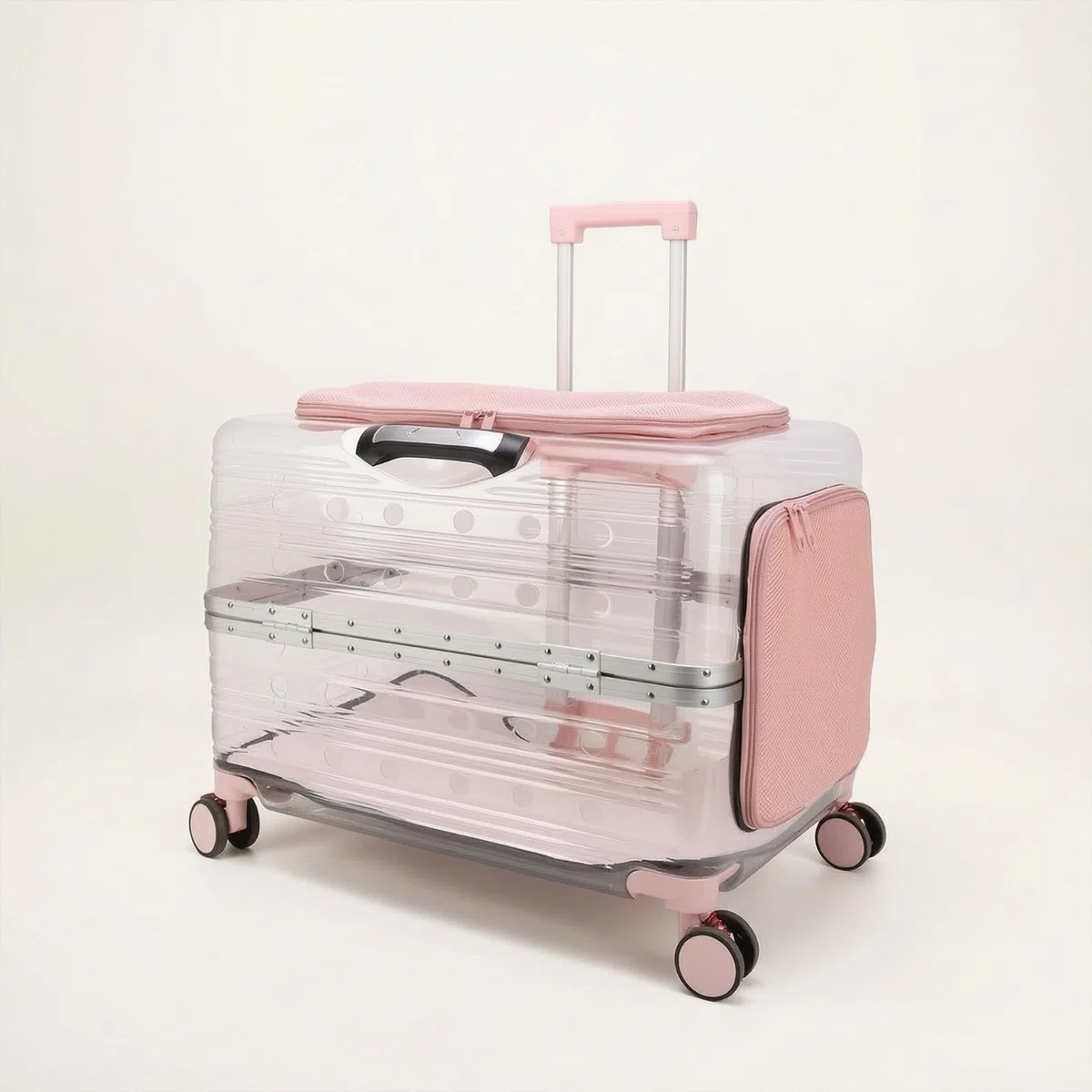 Transportín Transparente con Ruedas Rígido Transportín con Ruedas Ventilado Maleta Transportadora para Gatos, Perros Pequeños, Negro Transparente