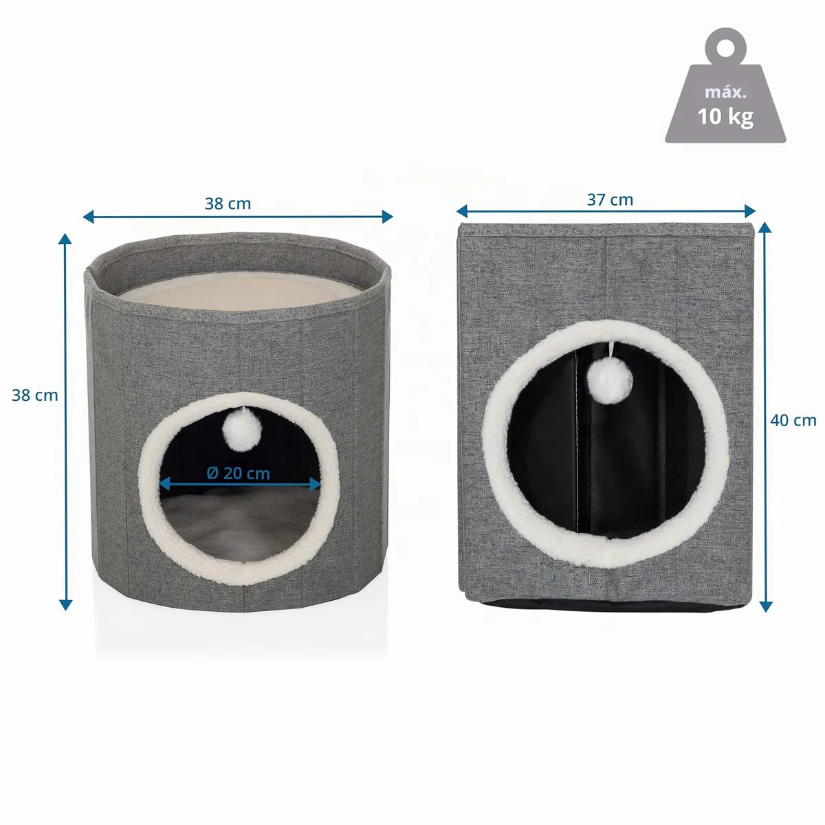 Casa para gatos con pelota de juego, 38 x 38 cm, plegable, con tabla para rascar y cojín de peluche, color gris
