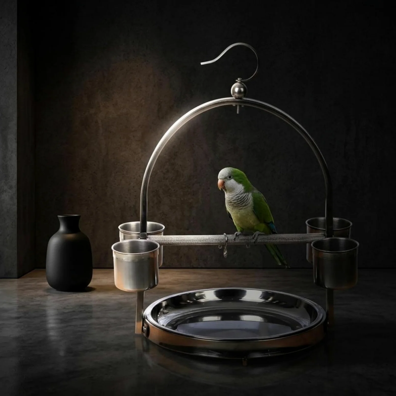 Soporte para Aves Cuatro Recipientes Barra Horizontal Soporte para Aves Acero Inoxidable Acabado Pulido, Mediano