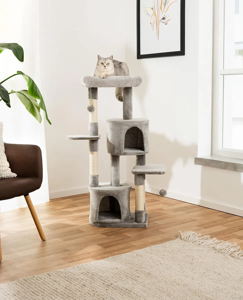 lionto Árbol rascador para Gatos con Pelotas de Juego de sisal y 115 cm de Altura, Gris Claro