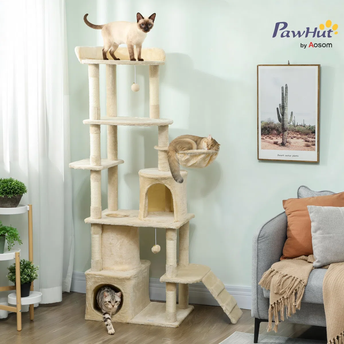 PawHut Árbol Rascador para Gatos Grande Torre de Escalada 170 cm Beige | Árbol para Gatos, 7 Postes, 1 Túnel, 3 Plataformas, 2 Cuevas, 1 Hamaca, 1 Percha, 1 Rampa, Pompones