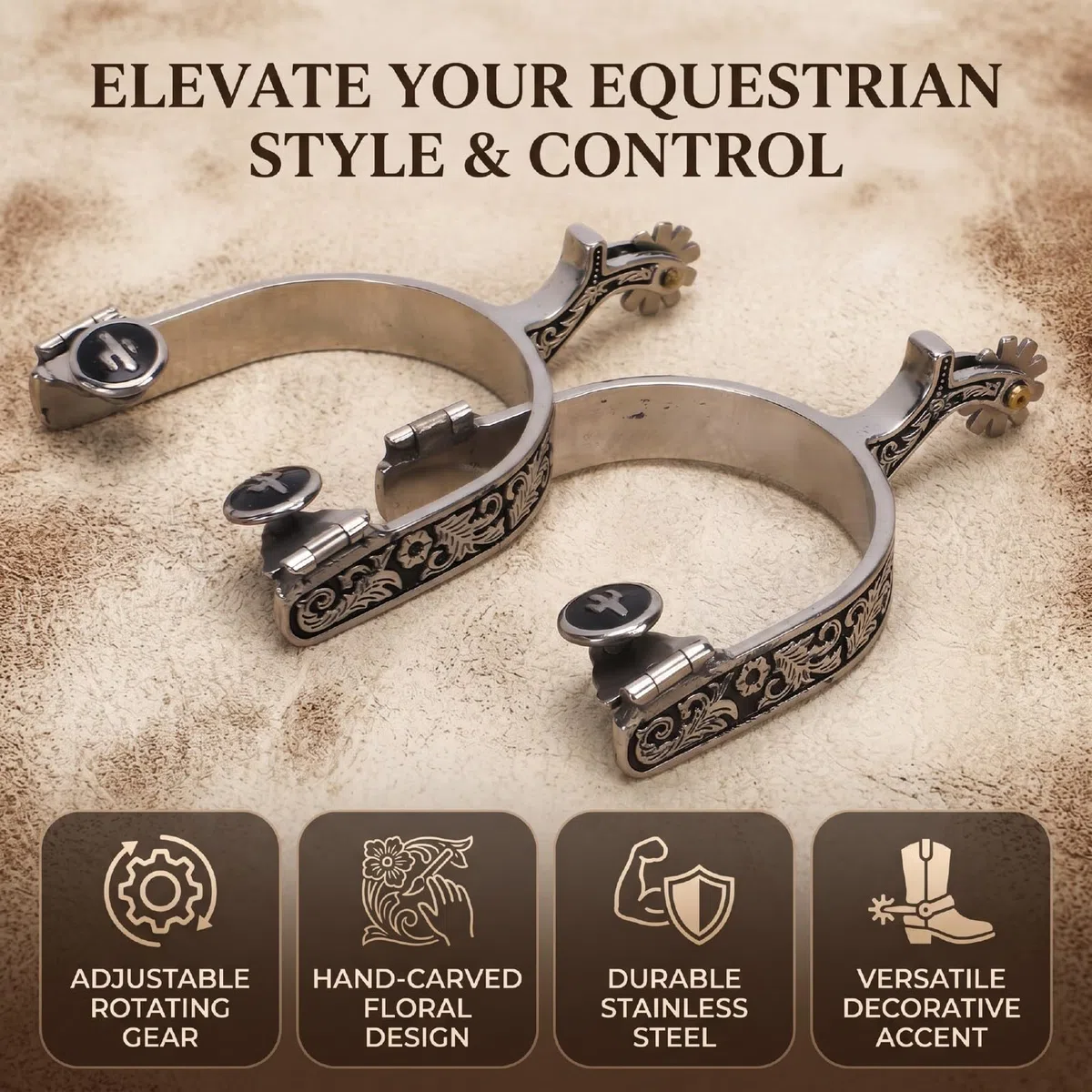 HEEPDD Espuelas Vaqueras del Oeste Talladas a Mano con Diseño Floral, Espuelas de Cowboy con Rueda Giratoria, for Equitación y Estilo Western
