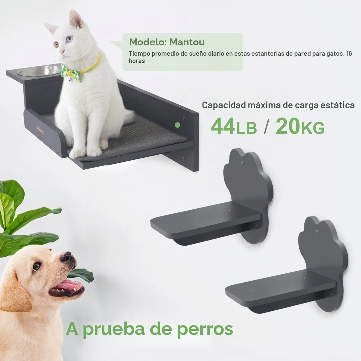SONGWAY Estantes y Comedero de Pared para Gatos con 2 Escalones y Cuencos de Acero Inoxidable, Estación de Alimentación Elevada a Prueba de Perros, Muebles