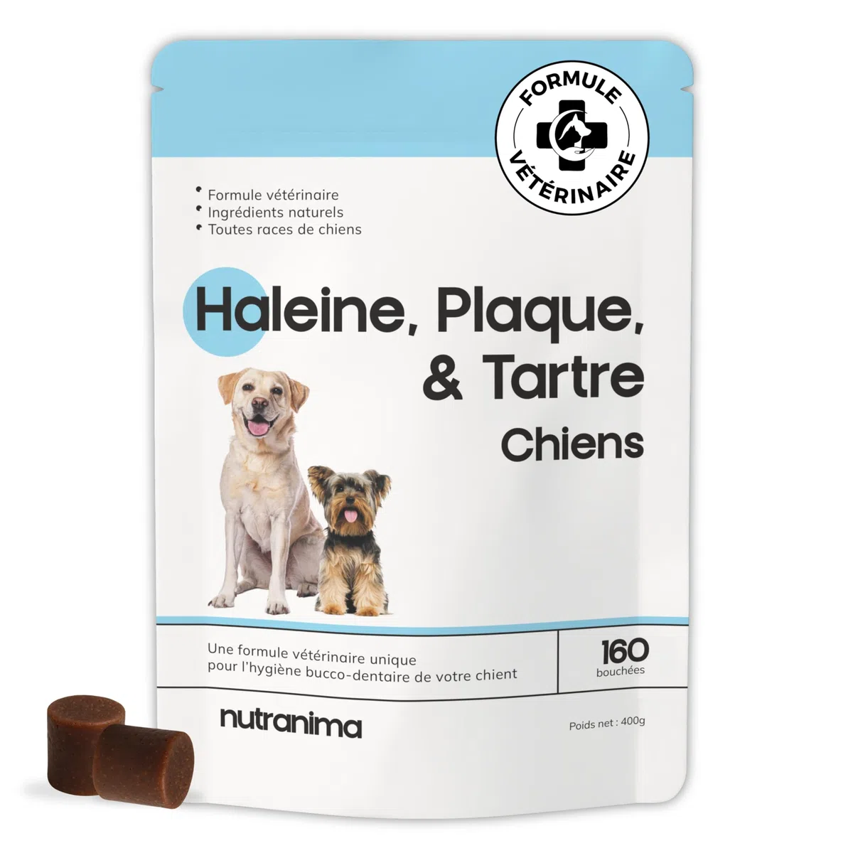 Aliento, placa y sarro para perros | Higiene oral y aliento fresco | Algas, levaduras, perejil y extracto de té verde | Suplemento dental | 60 bocados | Fórmula veterinaria francesa