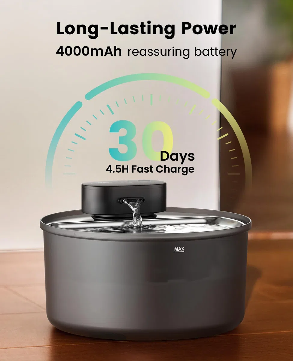 Fuente de agua para gatos con bandeja de acero inoxidable: 3,2 L oneisall Fuente inalámbrica para mascotas para gatos de interior, dispensador de agua automático a pilas para beber, ultra silencioso