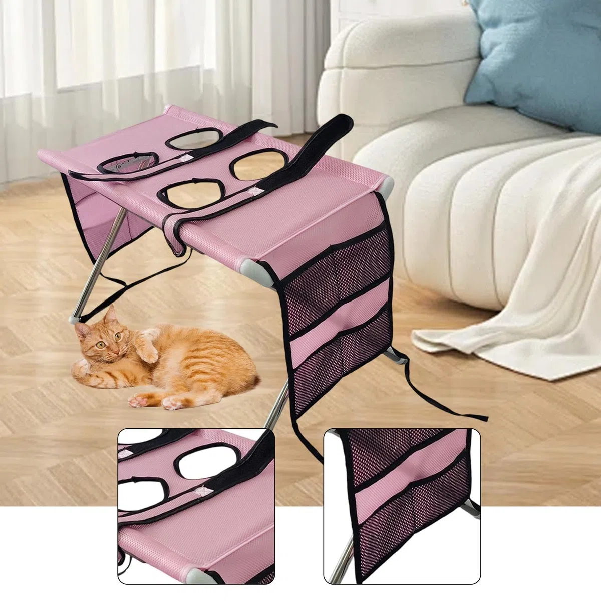 Mesa de Peluquería para Mascotas, Estación de Lavado de Mascotas, Soporte de Peluquería de Cuatro Orificios con Correa para Recortar, Limpiar Las Orej