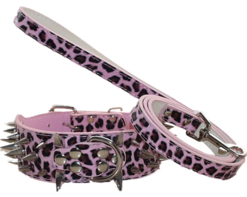 Collar y correa de piel de 5 cm de ancho, 2 unidades, juego a juego para perros medianos y grandes Pitbull Husky Mastiff Terrier (XL 21-24 pulgadas, leopardo rosa)