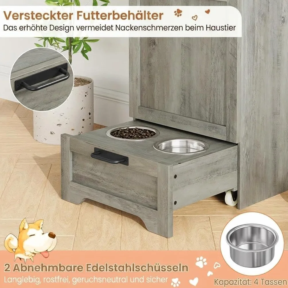 Comedero multifuncional para perros con armario de almacenamiento, cuencos elevados de acero inoxidable y ganchos para accesorios – Comedero de madera para perros y gatos para cocina o comedor