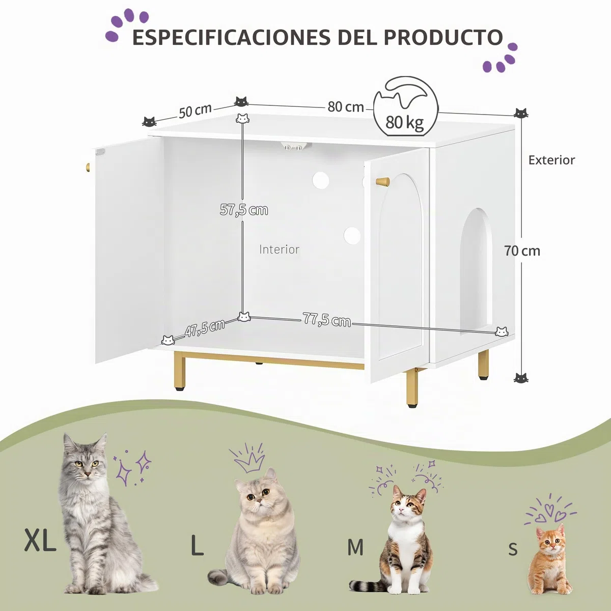 Hzuaneri Caja de Arena para Gatos, Muebles de Caja de Arena, Mesa Auxiliar para Casa de Mascotas, Banco de Gabinete de Almacenamiento, se Adapta a la Mayoría de Gatos, Blanco y Dorado CB85003G