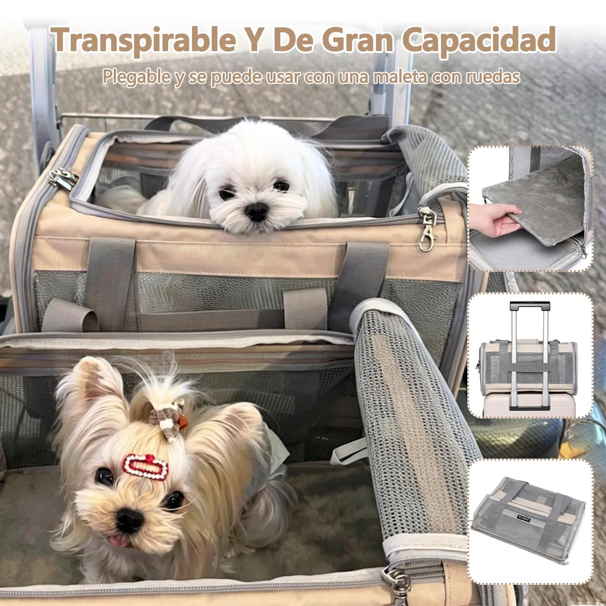 Galatée Bolsa De Viaje para Mascotas, Transpirable, Ligera, Plegable, Se Puede Llevar En La Mano o Cruzada, Múltiples Aberturas, Cierre para Evitar Fugas, Incluye Bolsa De Almacenamiento (Beige)