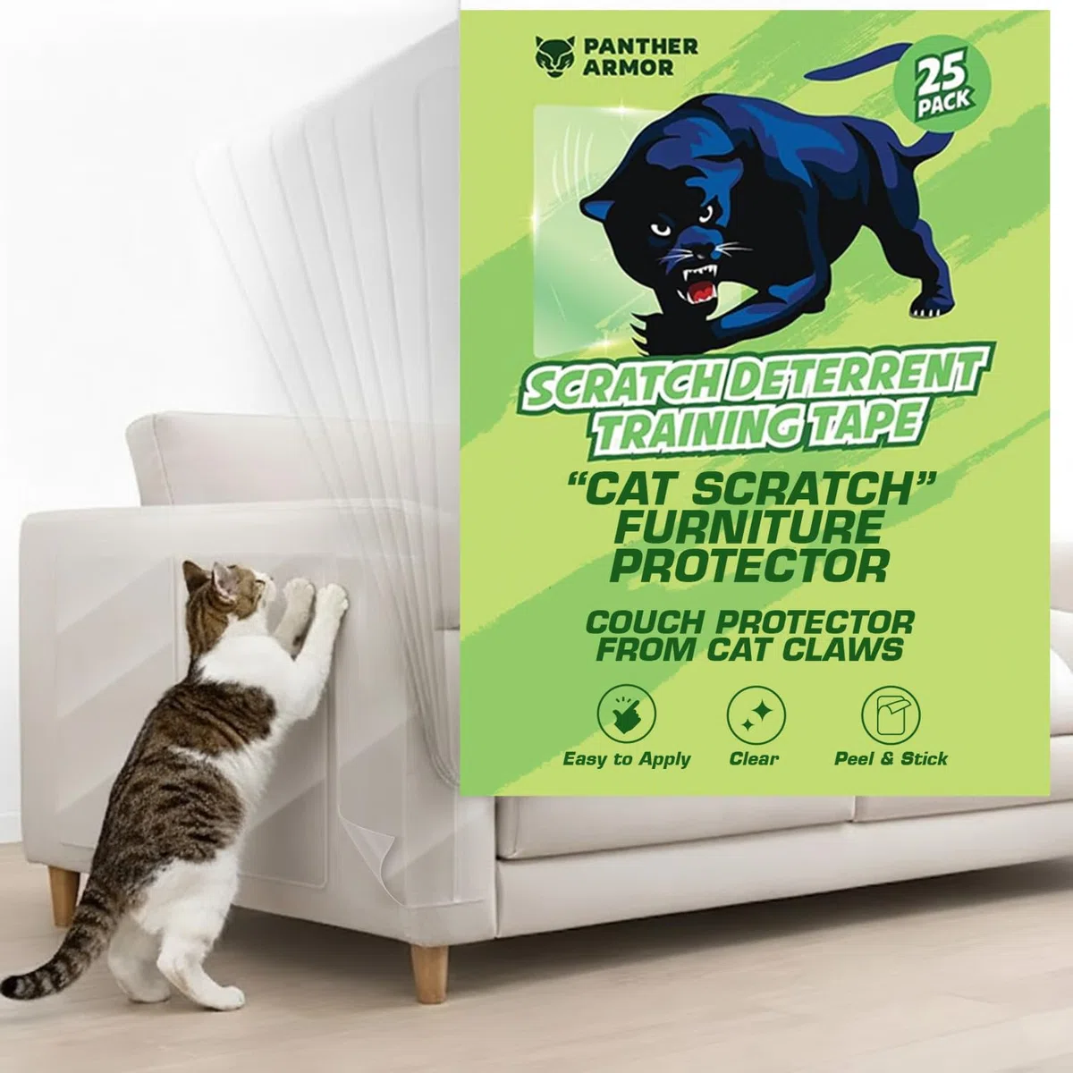 Panther Armor Protector de muebles para gatos, Mega Pack de 25 hojas, protectores de muebles contra arañazos de gatos, sin pines, cintas de entrenamiento para gatos duraderas y transparentes