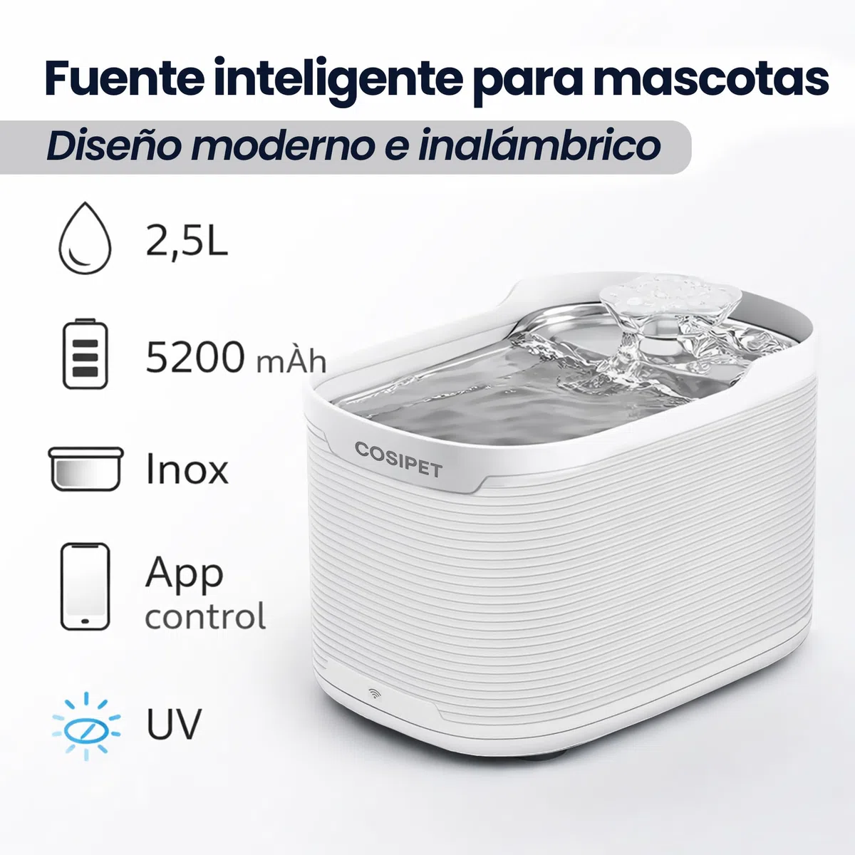 Fuente de agua inalambrica gatos y perros 2,5L control APP WiFi, bebedero automático con sensor, bandeja inox, autonomia mas de 30 dias, UV carbon activado, resina, alfombrilla antiderrame + 3 filtros