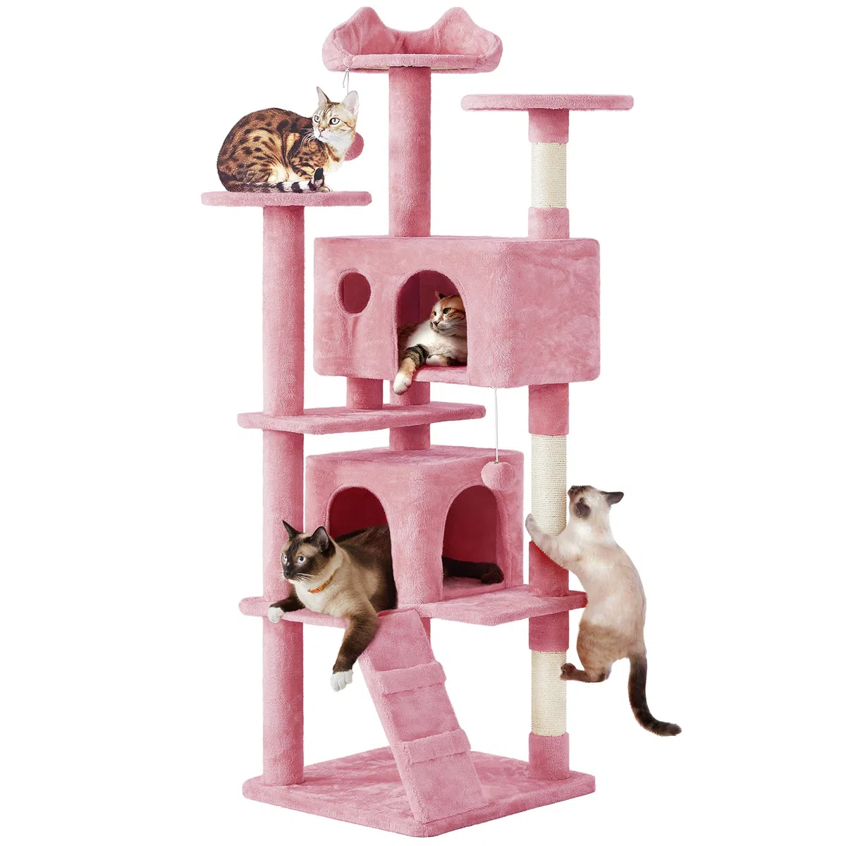 Yaheetech Árbol rascador Grande, 178 cm de Alto, árbol rascador para Gatos, Estable con 3 Plataformas, 3 columnas para rascar, 2 Cuevas, Bolas de Peluche, Muebles para Gatos, Color Rosa