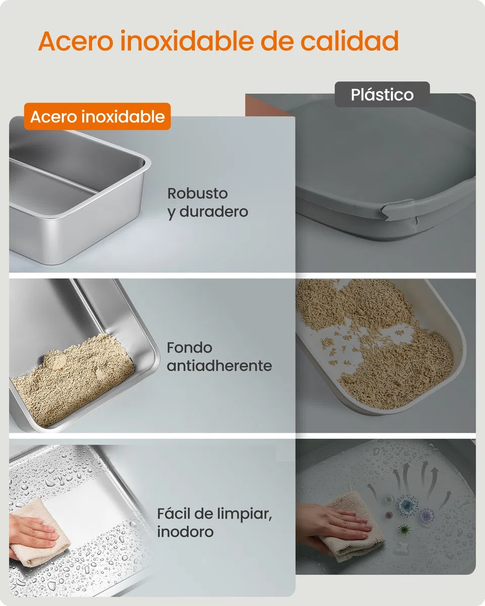 Feandrea Caja de Arena de Acero Inoxidable para Gatos con Tapa Abatible, Arenero XL, a Prueba de Fugas, Cuchara, Cepillo, Doble Entrada, Carga de Encimera de 15 kg, Gris Paloma PPT005G01