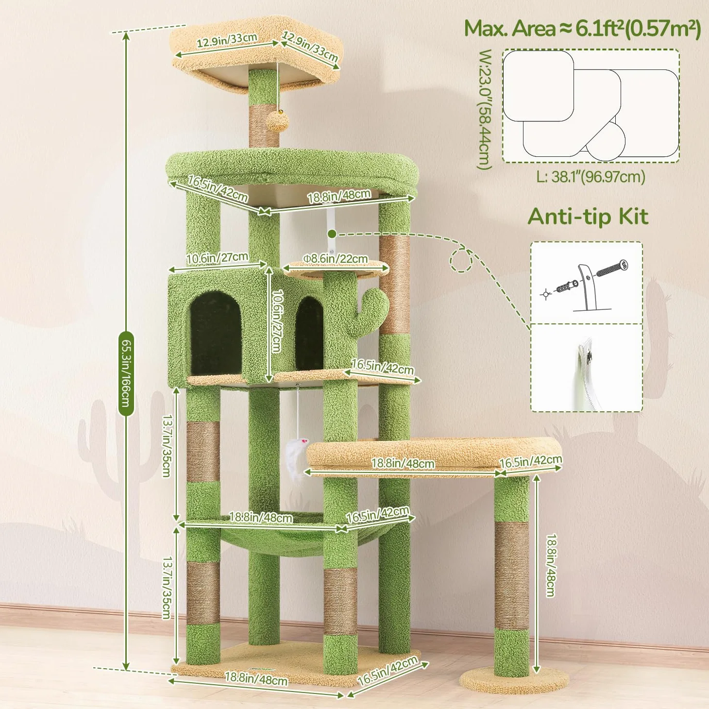 Globlazer Árbol Rascador Cactus Verde para Grande Gatos Alto 165cm con 2 Grande Plataforma 48 * 42CM, Extragrande Hamaca, Nido, Percha, Árbol Rascador con Apoyo Estable para Gatos Adulto (S65, Verde)