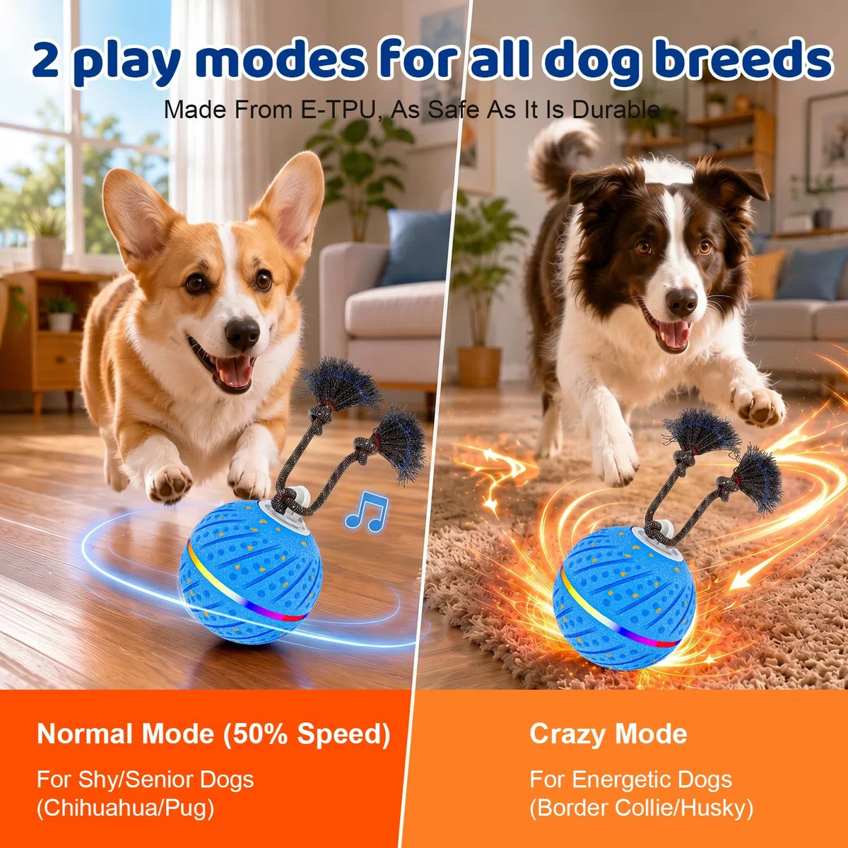 Pelota interactiva para perros para aburrimiento, 2 modos de movimiento automático, juguetes para perros para masticadores agresivos, juguetes inteligentes de enriquecimiento para cachorros con cuerda