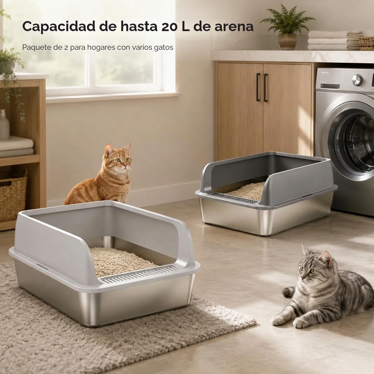 Juego de 2 Cajas de Arena para Gatos de Acero Inoxidable, con Borde Alto, 60 x 40 x 20 cm, Pala para areneros (Large)