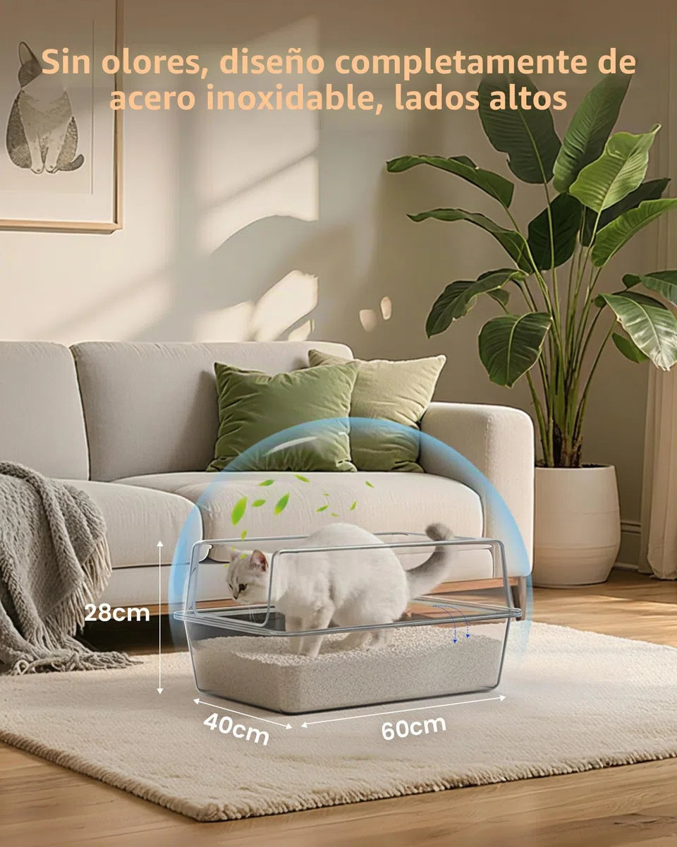 Arenero Gato Acero Inoxidable, Caja de Areneros para Gatos Grandes XXL, Arenero Todo Metálico para Gatos, WC Gatos con Bordes Altos Desmontables, Antiadherente, Sin Olores y Fácil de Limpiar