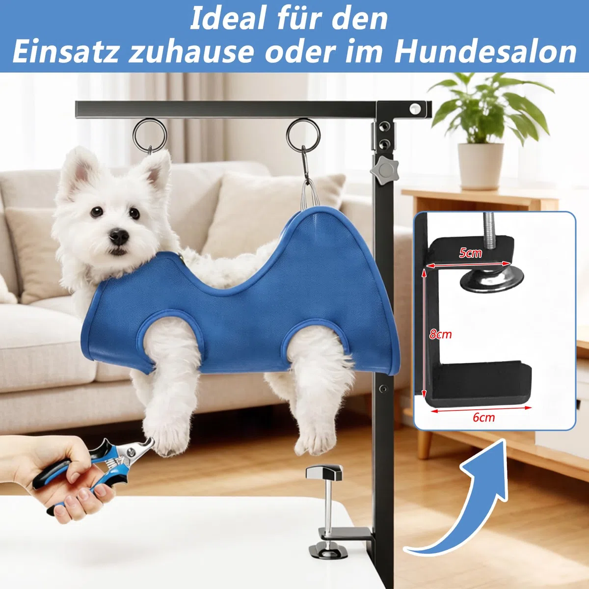 W&H Brazo plegable para aseo de perros con abrazadera de mesa, altura ajustable | 66 – 102 cm, accesorio de peluquería para perros con hamaca y correa antiasiento, para aseo, baño y tijeras