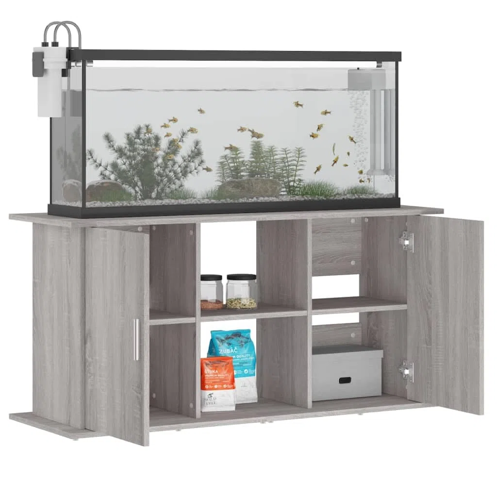 Mangloder Soporte para acuario, gris Sonoma, 121 x 41 x 58 cm, material de madera, armario para acuario, armario para acuario, estantería con espacio para alimentos para peces, accesorios, filtro en