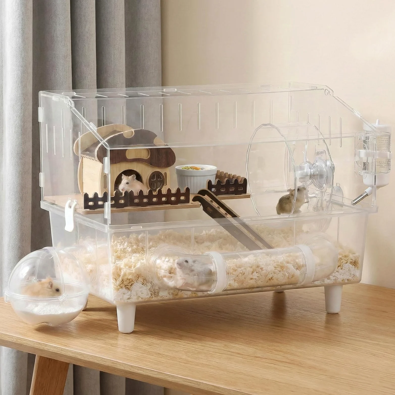 Jaula grande de acrílico para hámster de 2 capas, jaula de hámster sirio con ventana de visualización, 45 x 28 x 34 cm, jaula de jerbo transparente con decoración de casa de hongos, jaula de ratón