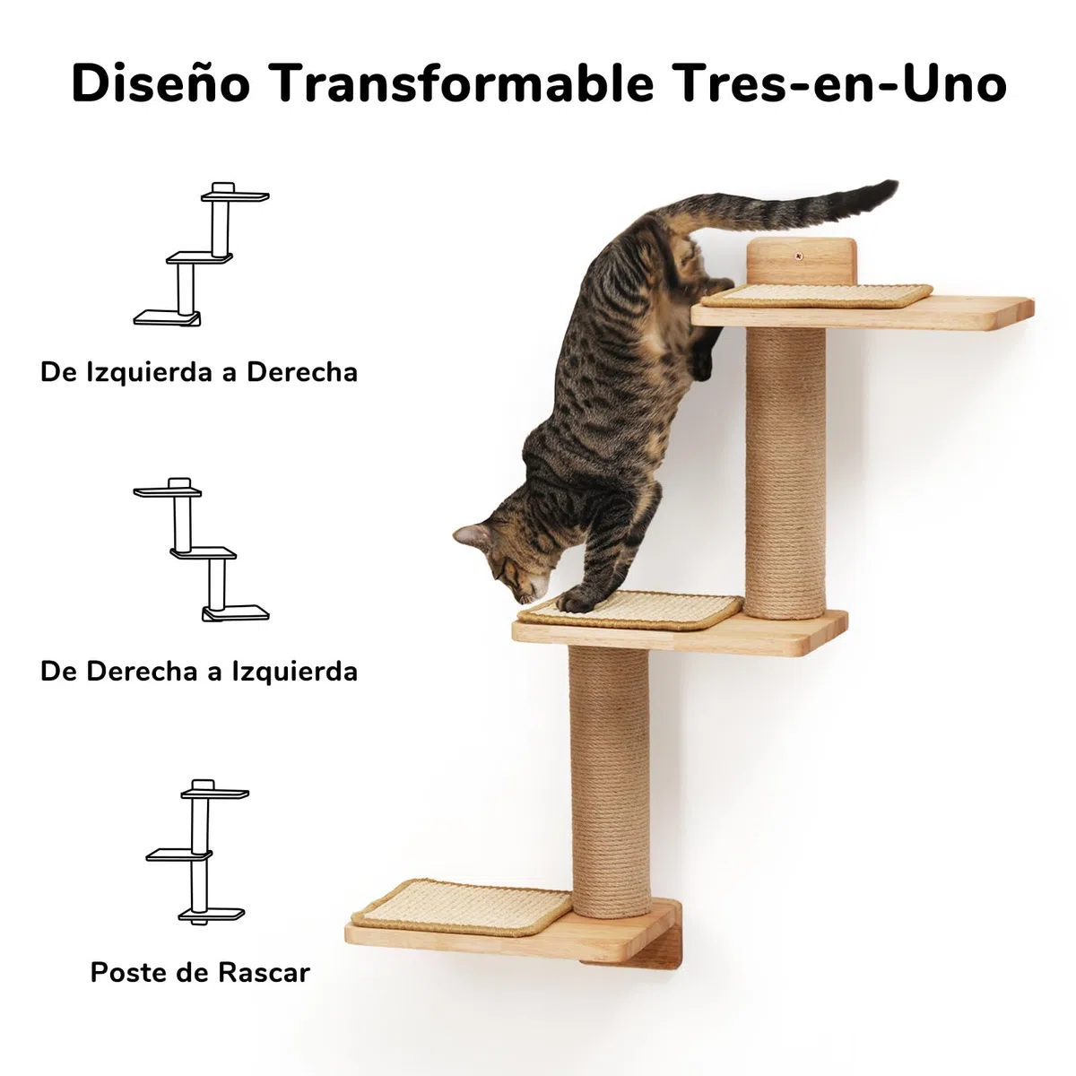 FUKUMARU Estantes de Pared para Gatos en Madera de Goma y Yute, 3 en 1 transformable con 3 tapetes para Rascar de Sisal, Montado en Pared, Adecuado para Escalar, Jugar y arañar