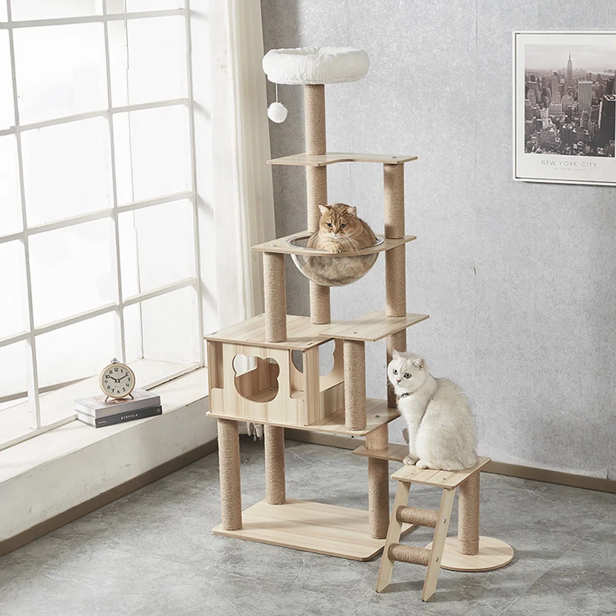 Rascador para Gatos Grandes,165 cm Arbol para Gatos con 12 Postes, 1 Casa para Gatos,Cápsula Espacial Transparente, 3 Plataformas,Pompón,1 Escalera de sisal para moler Garras(Color Madera