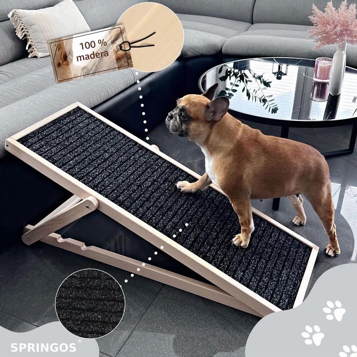 SPRINGOS Rampa para Perros Plataforma Ajustable de 42,5-59 cm para Cama o sofá Escalón Plegable de Madera para Perros Rampa para Mascotas con Estera Antideslizante