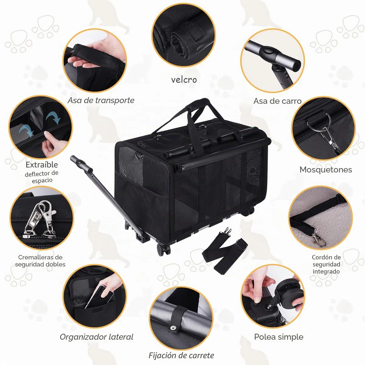 Portamascotas extragrande con dos compartimentos y ruedas desmontables para gato/perro, transportador plegable para 2 gatos, bolsa de viaje para paseo/camping (negro)