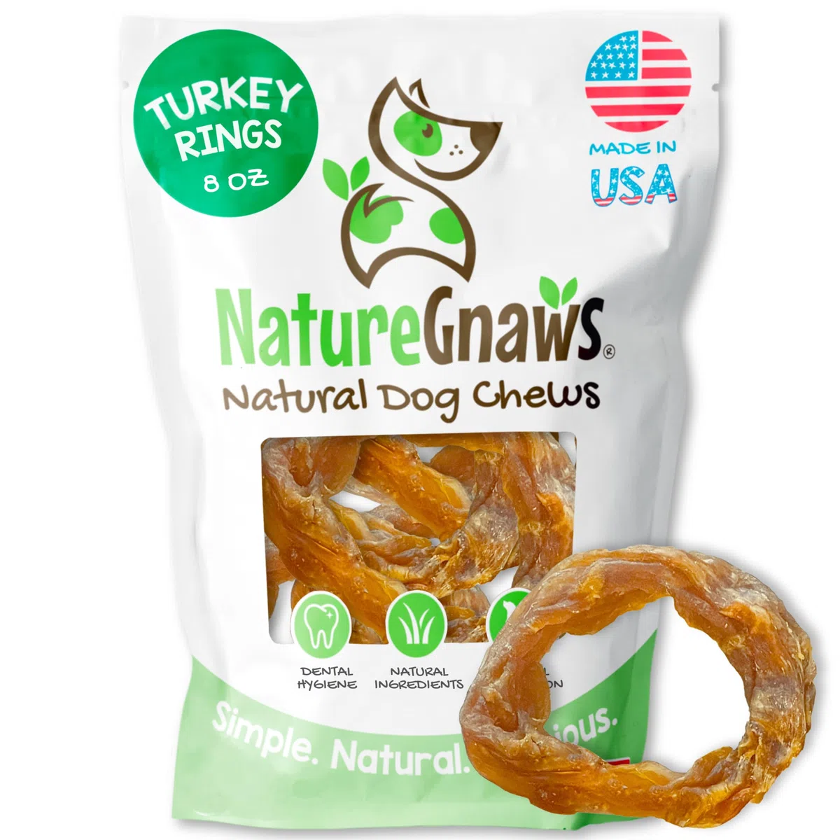 Nature Gnaws Anillos de tendón de pavo para perros (8 onzas) – Delicioso aperitivo de recompensa sin granos para razas pequeñas, medianas y grandes – Golosinas naturales de primera calidad para perros