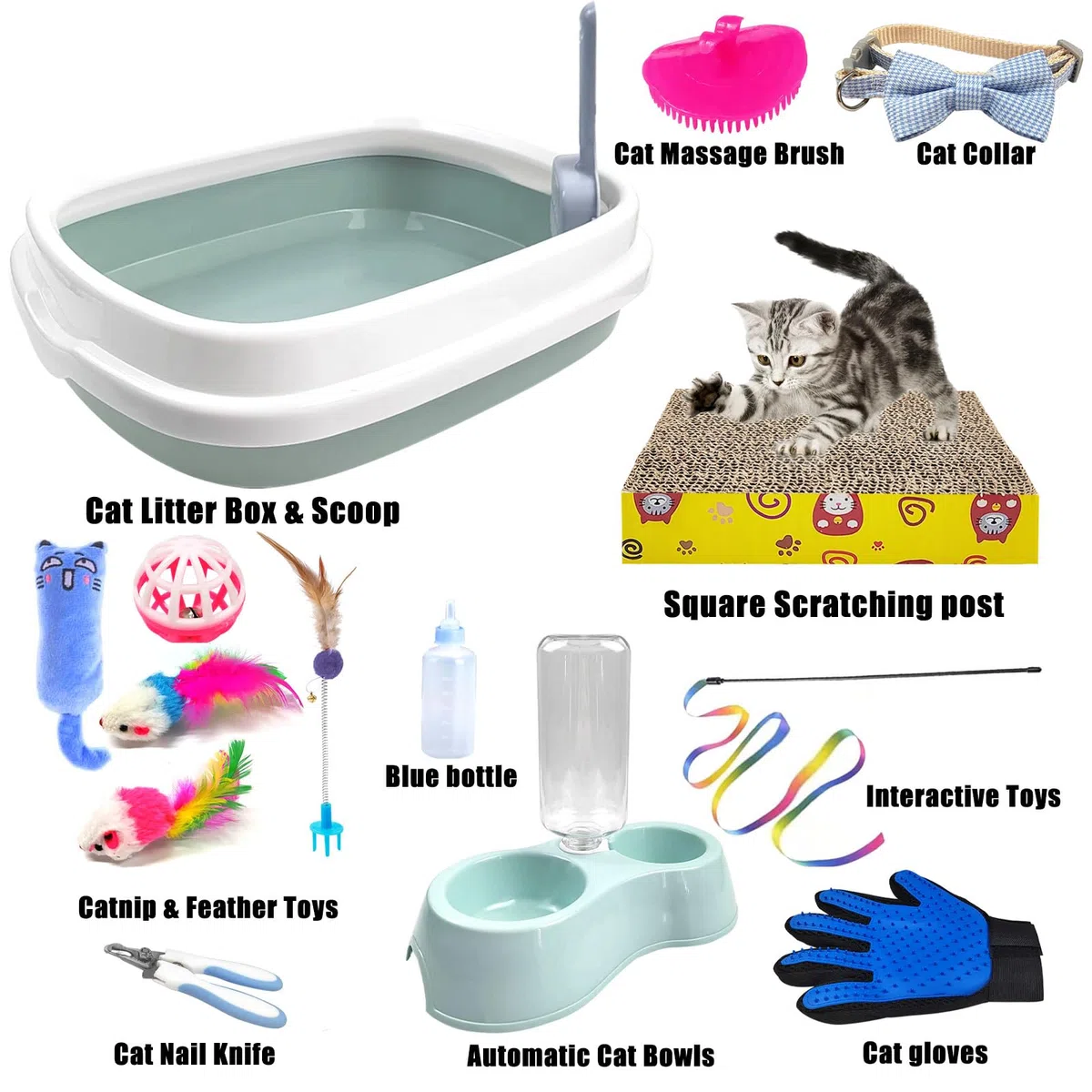 Kit de iniciación para gatitos, juego de 15 piezas esenciales para gatos, incluye caja de arena para gatos, juguetes para gatos, collares para gatos, almohadilla para rascar gatos, lima de