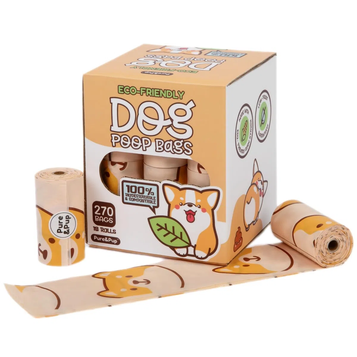 Pure & Pup Bolsas compostables para excremento de perro, 270 unidades, compatibles con ASTMD6400 y EN13432, bolsas de residuos de mascotas a base de plantas, extra fuertes y a prueba de fugas, 18