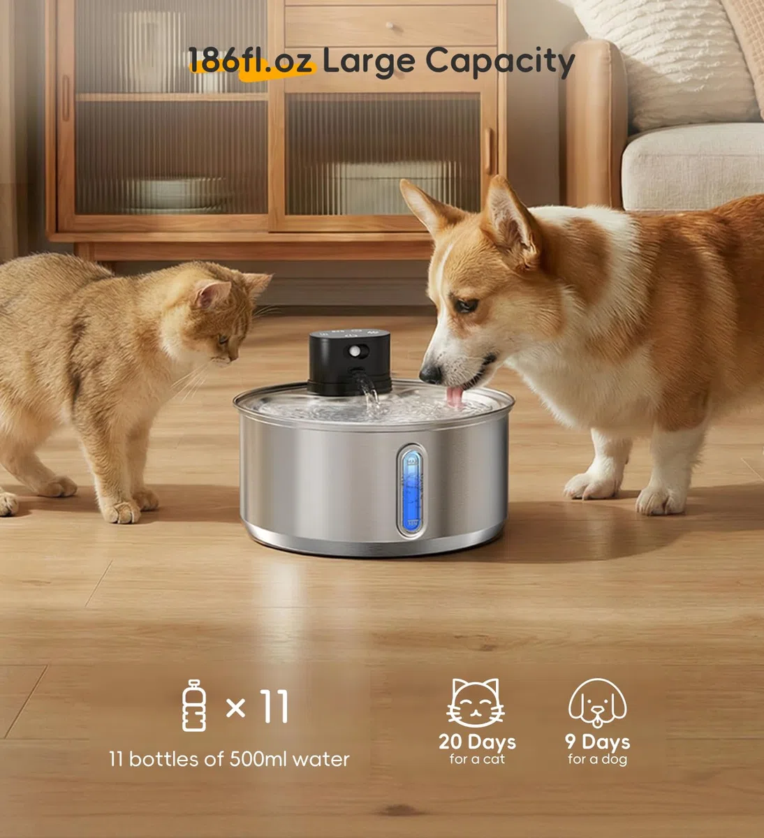 Fuente de agua para perros y gatos, 5,5 L, acero inoxidable, inalámbrica (6 filtros) | Batería de 5000 mAh con detector de movimiento, bomba de agua silenciosa, Scharzer