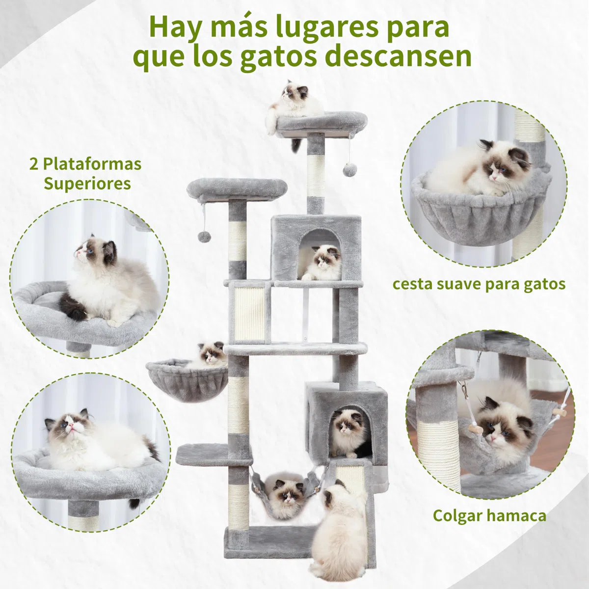 Gitelsnour rascador para Gatos de Interior, árbol para Gatos de 180 cm, con 2 rascadores, 7 Postes, Pompones, Hamaca, Gris Claro GCT032W