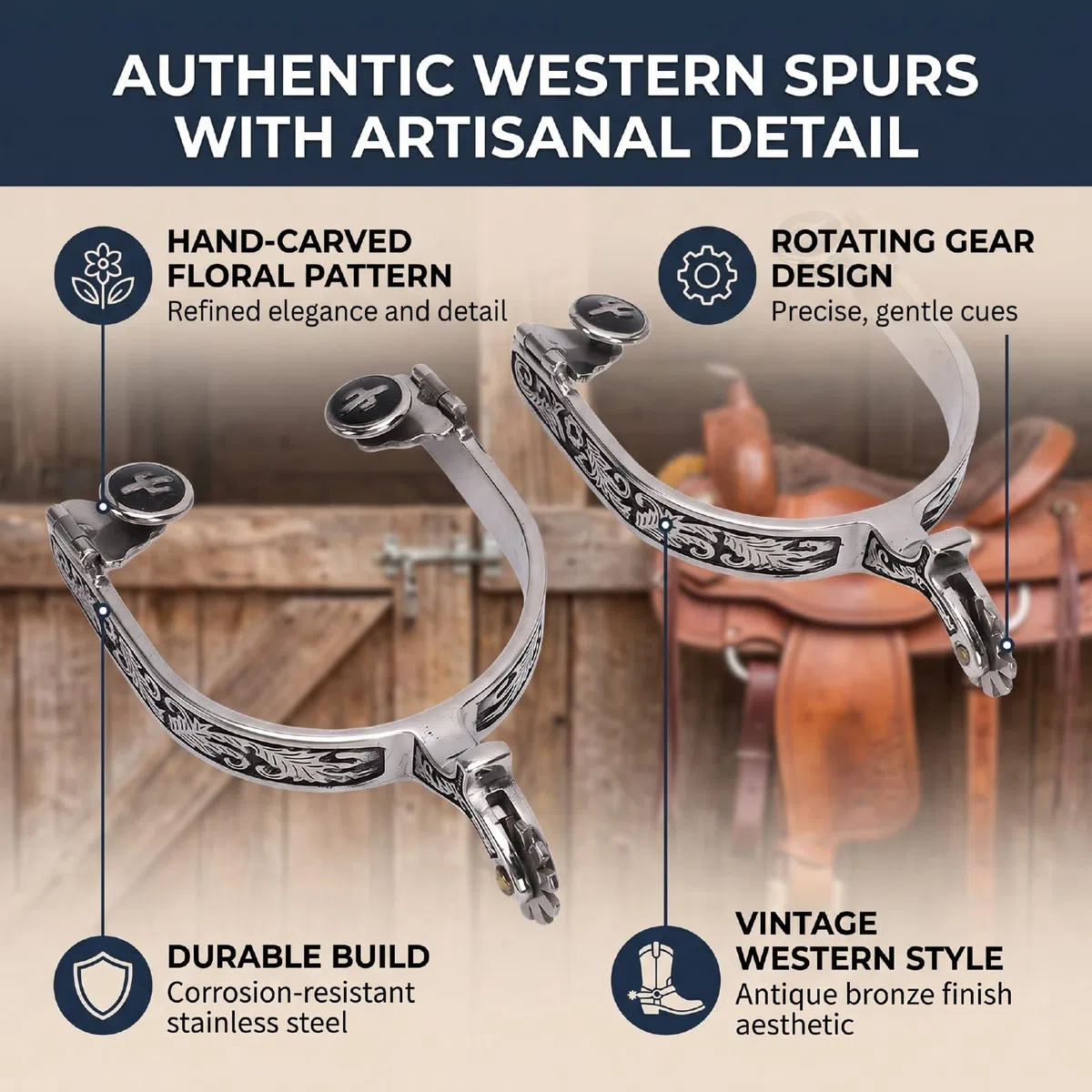 HEEPDD Espuelas Vaqueras del Oeste Talladas a Mano con Diseño Floral, Espuelas de Cowboy con Rueda Giratoria, for Equitación y Estilo Western