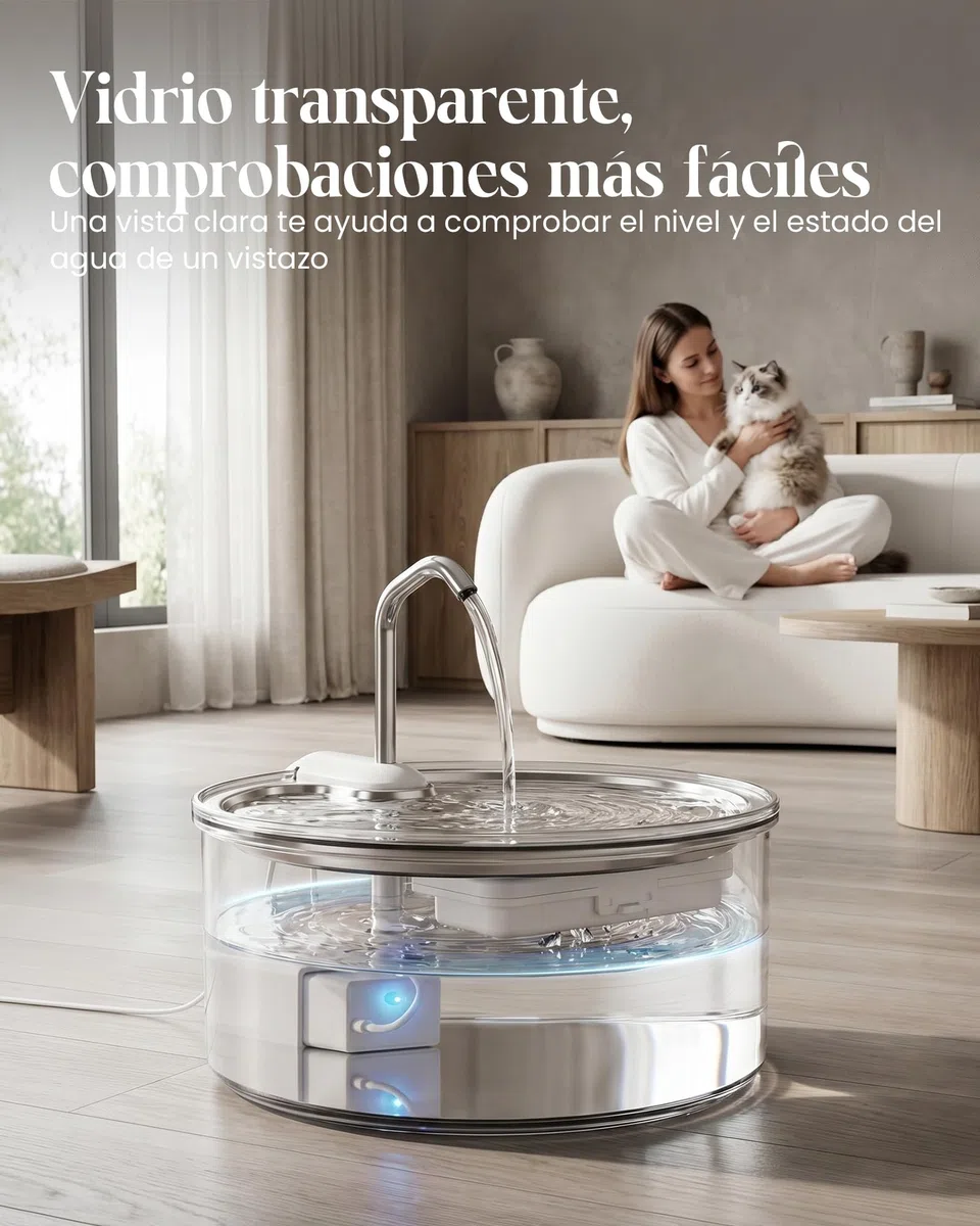 Tomxcute Fuente de Agua de Vidrio de 3,2 L para Gatos y Perros Pequeños | Nivel de agua visible, Súper Silencioso, diseño con grifo y mantenimiento sencillo