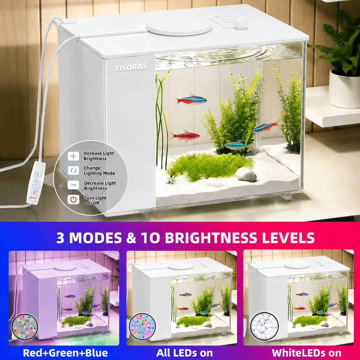 Acuario pequeño de 0.5 galones con bomba de filtro de agua y luz LED, color blanco