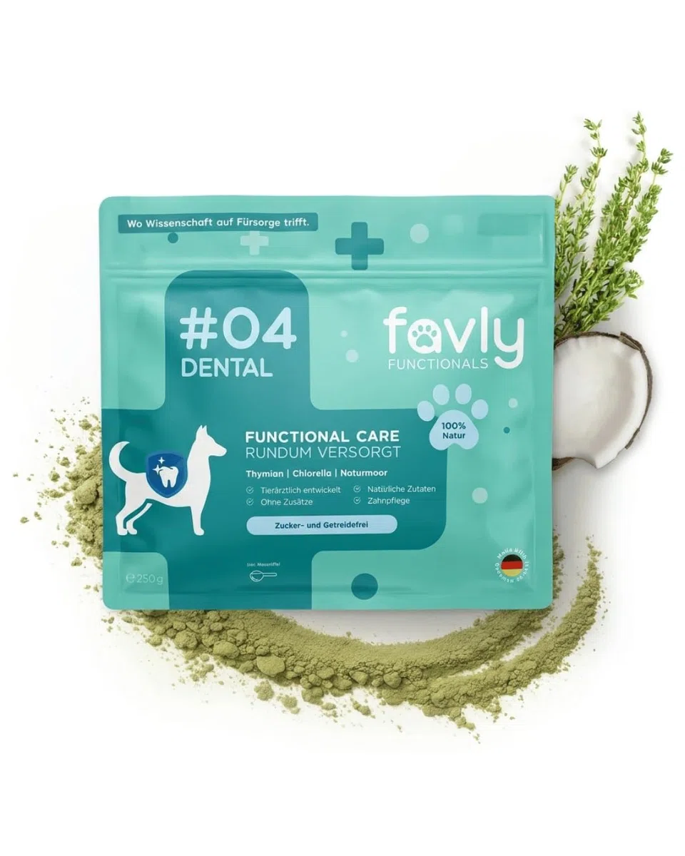 FAVLY – Polvo dental para perros 250 g – Complemento alimenticio en polvo dental para perros contra el mal olor y la placa dental – con Clorella orgánica y perejil – sin cereales ni aditivos
