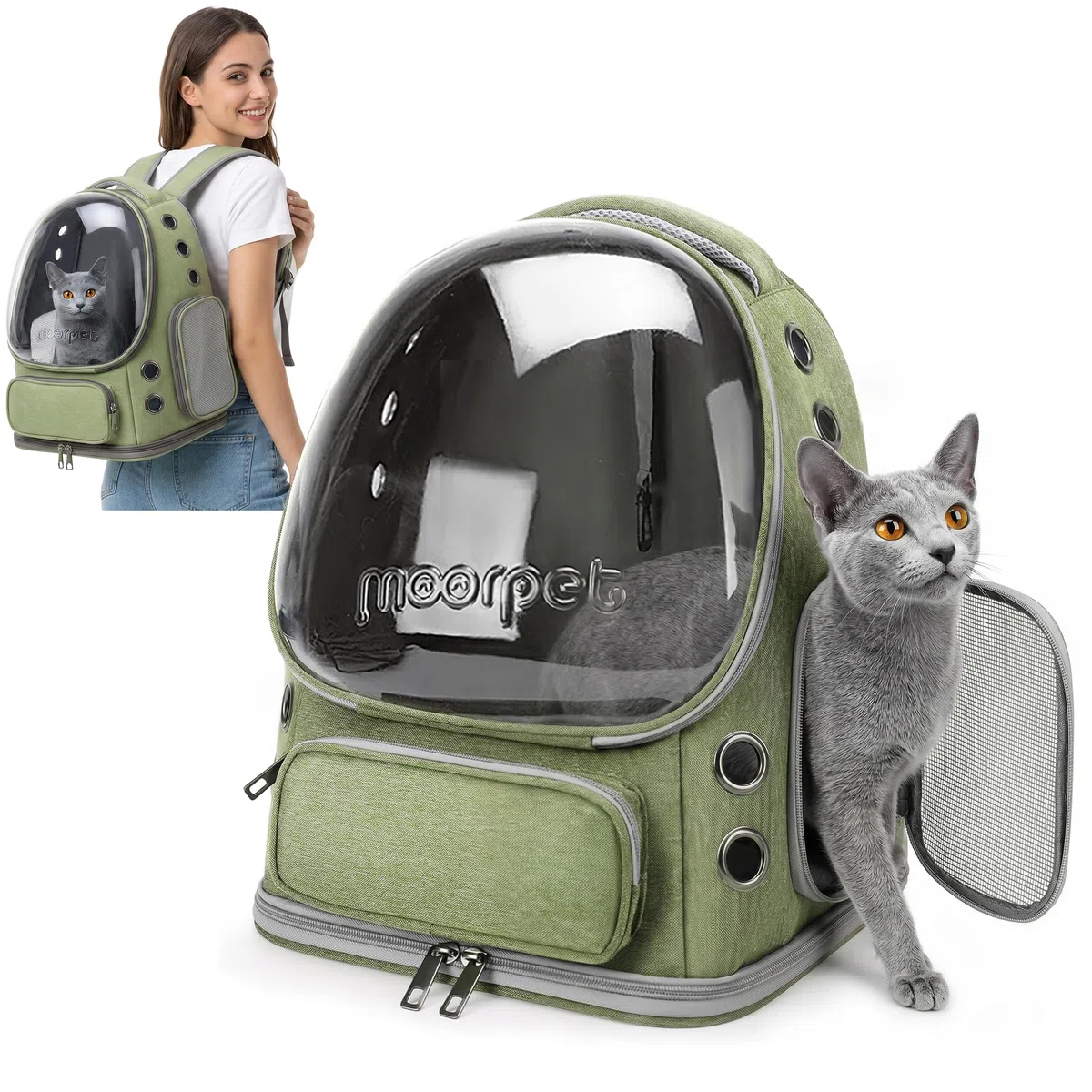 ALLSOPETS Mochila para Gatos y Perros con Diseño de Burbuja, Plegable y Portátil, para Mascotas hasta 7,5 kg, Ideal para Viajes, Senderismo y Visitas al Veterinario (Verde Bosque)