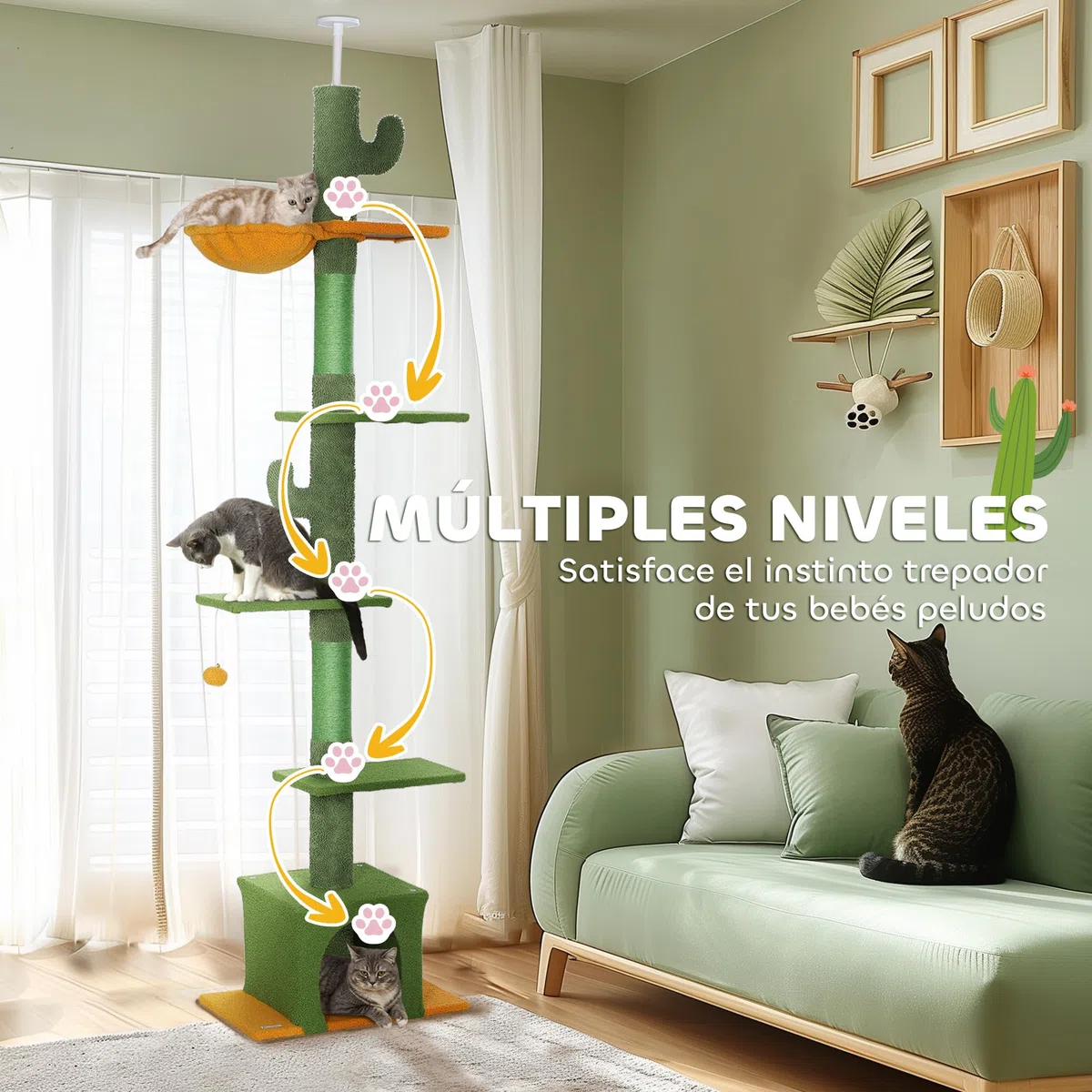 PawHut Árbol para Gatos de Suelo a Techo de 230-275 cm Torre Verde | Altura Ajustable, Plataformas, Cueva, Hamaca, Postes de Sisal, Bola de Juguete