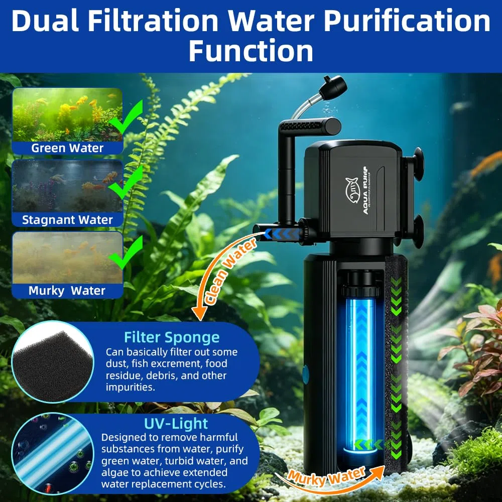 Filtro de acuario 4 en 1, filtro de luz U-V con temporizador, bomba interna de acuario con modo de bombeo de agua de lluvia de oxigenación para tanques de agua dulce y salada (12 W 1000 L/H)
