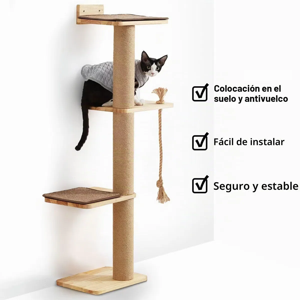 FUKUMARU Árbol para Gatos de 127 cm, Montado en la Pared, Con Cama, Poste Rascador y Colchoneta de Yute, Hecho de Madera de Caucho Sólida Natural, Grande