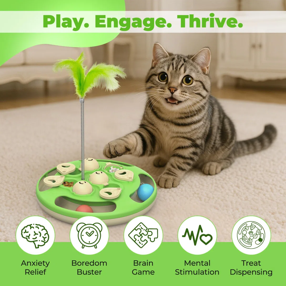 Juguete interactivo para gatos nivel 3 en 1 con bolas de seguimiento de pluma y alimentador | Base antideslizante | Enriquecimiento mental para gatos de interior | Regalo para gatitos, verde