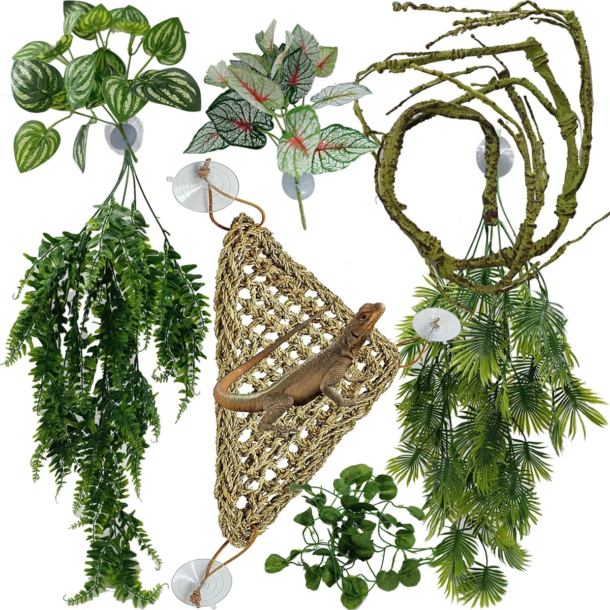 Plantas de reptiles para accesorios de tanque de dragón barbudo, planta de terrario, decoración artificial para jaula de serpiente, planta falsa para hábitat de leopardo geco, pitones de bola