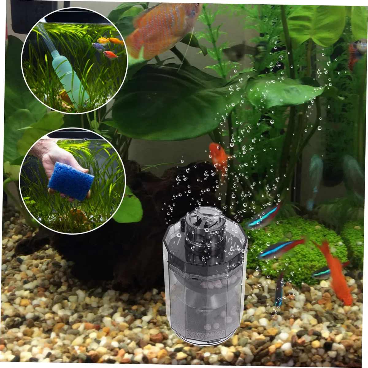 DOITOOL 4 Piezas Filtro de pecera limpiacristales Limpiador de Vasos Limpieza pecera Tanque Acuario con Bomba de Aire a bateria Accesorios para peceras Tubo de sifón Abdominales Light Grey