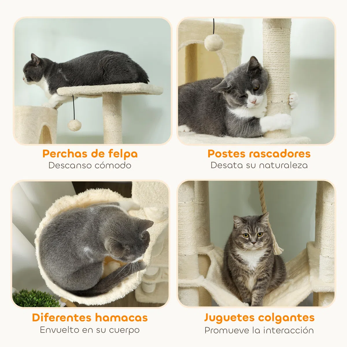 PawHut Árbol Rascador para Gatos 202 cm con 2 Cuevas Beige | Árbol para Gatos, Torre Escalador, 2 Hamacas, 6 Postes de Sisal, 3 Bolas, Cuerda para Jugar